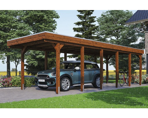 Carport simple SKAN HOLZ Friesland avec film d'étanchéité pour toiture en EPDM et ancrage pour poteaux en H 314 x 860 cm noyer