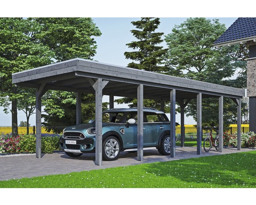 Carport simple SKAN HOLZ Friesland avec panneaux de toiture en aluminium et ancrage pour poteaux en H 314 x 860 cm gris
