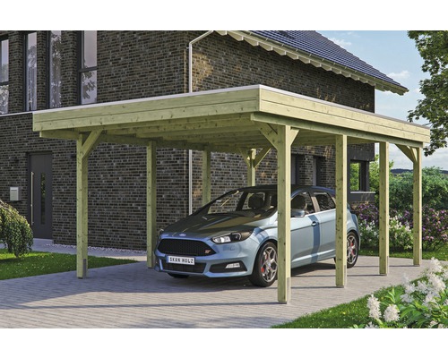 Carport simple SKAN HOLZ Friesland avec film d'étanchéité pour toiture en EPDM et ancrage pour poteaux en H 397 x 555 cm imprégné