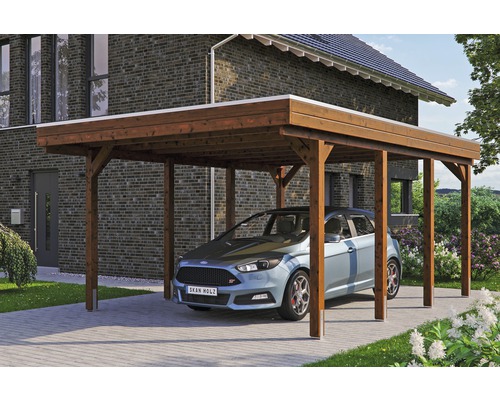 Carport simple SKAN HOLZ Friesland avec panneaux de toiture en aluminium et ancrage pour poteaux en H 397 x 555 cm noyer