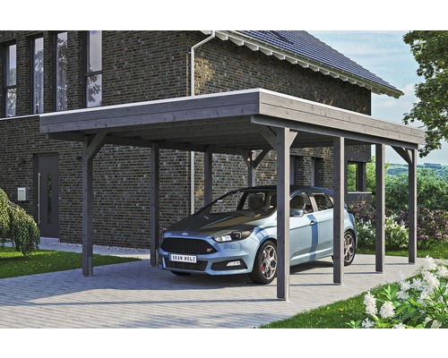 Carport simple SKAN HOLZ Friesland avec film d'étanchéité pour toiture en EPDM et ancrage pour poteaux en H 397 x 555 cm gris