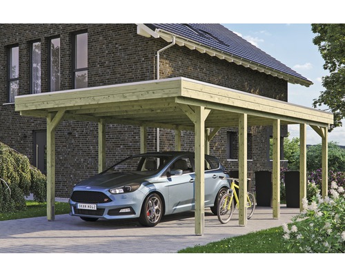 Carport simple SKAN HOLZ Friesland avec film d'étanchéité pour toiture en EPDM et ancrage pour poteaux en H 397 x 708 cm imprégné