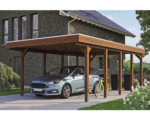 Carport simple SKAN HOLZ Friesland avec film d'étanchéité pour toiture en EPDM et ancrage pour poteaux en H 397 x 708 cm noyer