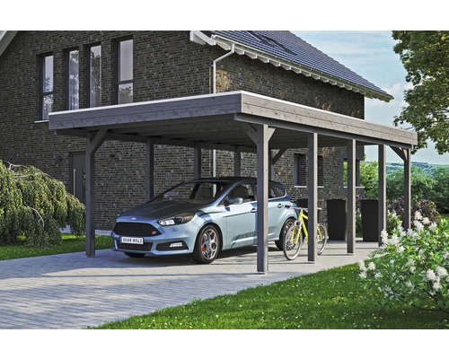 Carport simple SKAN HOLZ Friesland avec panneaux de toiture en aluminium et ancrage pour poteaux en H 397 x 708 cm gris