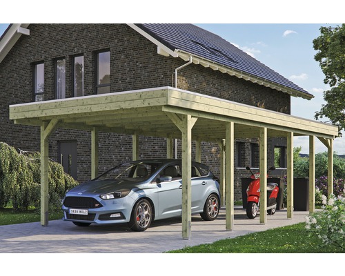 Carport simple SKAN HOLZ Friesland avec film d'étanchéité pour toiture en EPDM et ancrage pour poteaux en H 397 x 860 cm imprégné