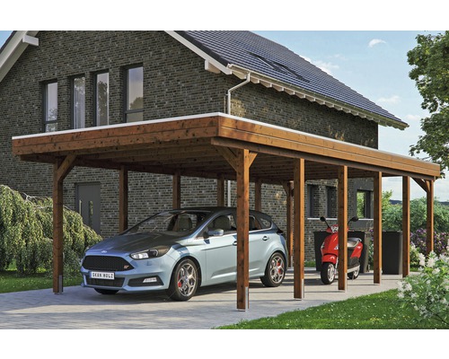 Carport simple SKAN HOLZ Friesland avec panneaux de toiture en aluminium et ancrage pour poteaux H 397 x 860 cm noyer