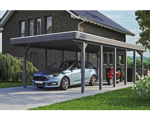 Carport simple SKAN HOLZ Friesland avec panneaux de toiture en aluminium et ancrage pour poteaux en H 397 x 860 cm gris