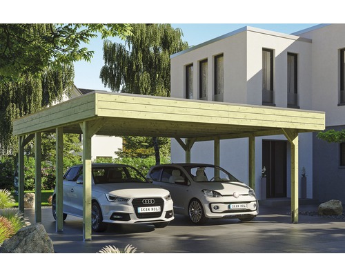 Carport double SKAN HOLZ Friesland avec film d'étanchéité pour toiture en EPDM et ancrage pour poteaux en H 557 x 555 cm imprégné