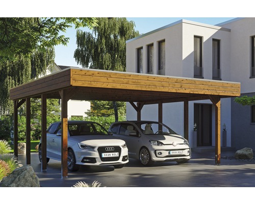 Carport double SKAN HOLZ Friesland avec film d'étanchéité pour toiture en EPDM et ancrage pour poteaux en H 557 x 555 cm noyer