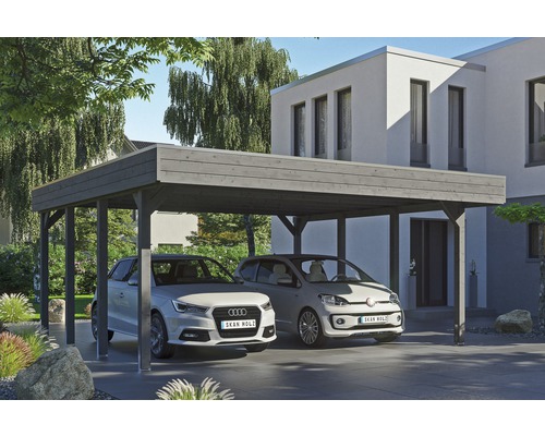 Carport double SKAN HOLZ Friesland avec panneaux de toiture en aluminium et ancrage pour poteaux en H 557 x 555 cm gris