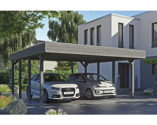 Carport double SKAN HOLZ Friesland avec film d'étanchéité pour toiture en EPDM et ancrage pour poteaux en H 557 x 555 cm gris