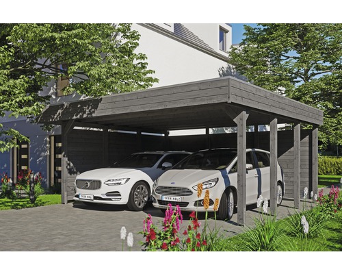 Carport double SKAN HOLZ Friesland Set 3 avec panneaux de toiture en aluminium, paroi latérale et arrière, ancrage pour poteaux H 557 x 555 cm gris