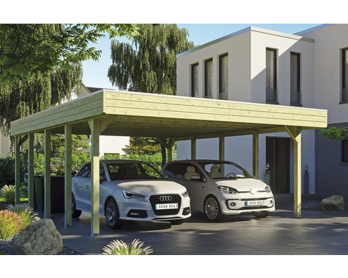 Carport double SKAN HOLZ Friesland avec film d'étanchéité pour toiture en EPDM et ancrage pour poteaux H 557 x 708 cm imprégné