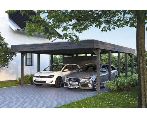 Carport double SKAN HOLZ Friesland Set 4 avec panneaux de toiture en aluminium, espace outils, ancrage pour poteaux H 557 x 708 cm gris