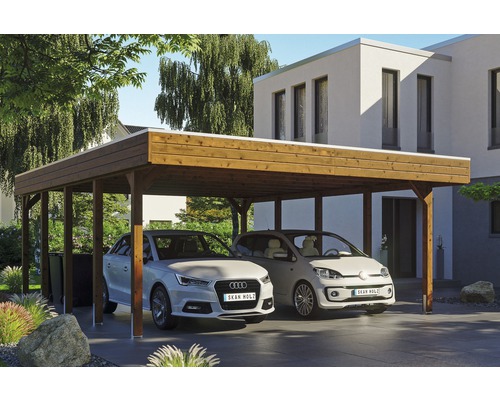 Carport double SKAN HOLZ Friesland avec panneaux de toiture en aluminium et ancrage pour poteaux en H 557 x 708 cm noyer