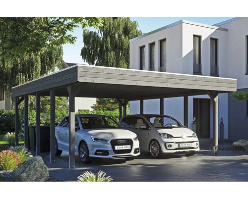 Carport double SKAN HOLZ Friesland avec film d'étanchéité pour toiture en EPDM et ancrage pour poteaux en H 557 x 708 cm gris