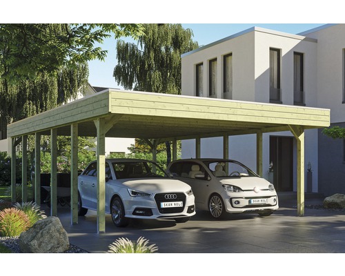 Carport double SKAN HOLZ Friesland avec film d'étanchéité pour toiture en EPDM et ancrage pour poteaux en H 557 x 860 cm imprégné