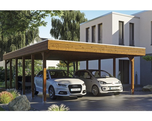 Carport double SKAN HOLZ Friesland avec panneaux de toiture en aluminium et ancrage pour poteaux en H 557 x 860 cm noyer