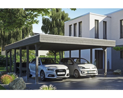 Carport double SKAN HOLZ Friesland avec panneaux de toiture en aluminium et ancrage pour poteaux en H 557 x 860 cm gris