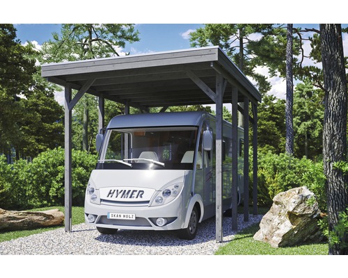 Carport simple SKAN HOLZ Friesland avec panneaux de toiture en aluminium et ancrage pour poteaux en H 397 x 555 cm gris