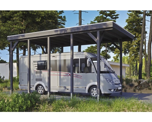 Carport simple SKAN HOLZ Friesland avec panneaux de toiture en aluminium et ancrage pour poteaux en H 397 x 708 cm gris