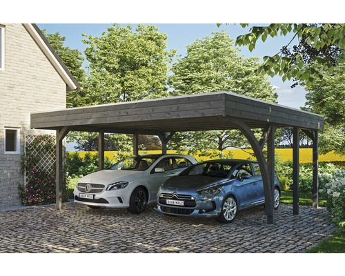Carport double SKAN HOLZ Friesland kit 7 avec panneaux de toiture en aluminium et ancrage pour poteaux en H 557 x 555 cm gris
