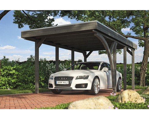 Einzelcarport SKAN HOLZ Friesland Set 5 inkl. Aluminium-Dachplatten, 1 Einfahrtsbogen, H-Pfostenanker 314 x 555 cm grau