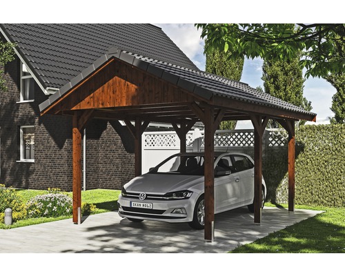 Carport simple SKAN HOLZ Wallgau avec lattis et ancrage pour poteaux en H 380 x 500 cm noyer