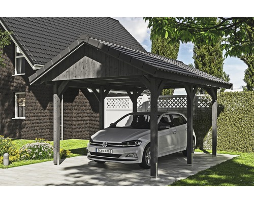 Carport simple SKAN HOLZ Wallgau avec lattis et ancrage pour poteaux en H 380 x 500 cm gris