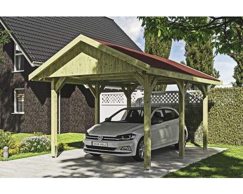 Carport simple SKAN HOLZ Wallgau avec lattes rouges et ancrage pour poteaux en H 380 x 500 cm imprégné