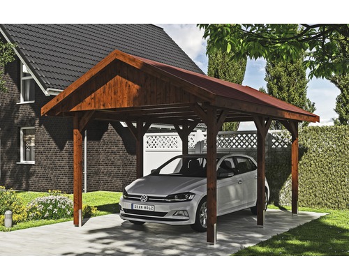 Einzelcarport SKAN HOLZ Wallgau inkl. rote Schindeln und H-Pfostenanker 380 x 500 cm nussbaum