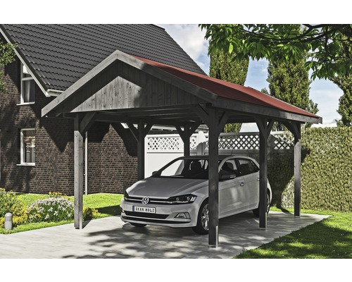 Carport simple SKAN HOLZ Wallgau avec lattes rouges et ancrage pour poteaux en H 380 x 500 cm gris