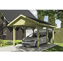Holzcarport mit Auto im Garten