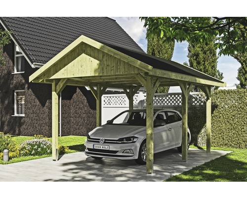 Carport simple SKAN HOLZ Wallgau avec lattes noires et ancrage pour poteaux en H 380 x 500 cm imprégné