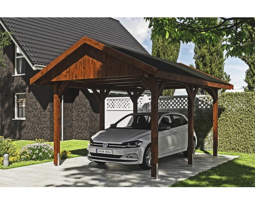 Carport simple SKAN HOLZ Wallgau avec lattes noires et ancrage pour poteaux en H 380 x 500 cm noyer