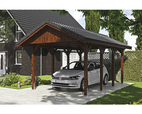 Carport simple SKAN HOLZ Wallgau avec lattis et ancrage pour poteaux en H 380 x 600 cm noyer