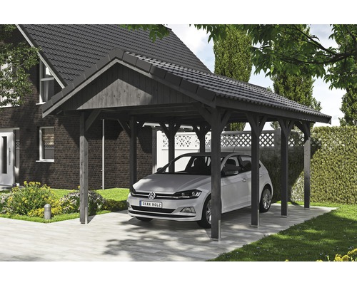 Carport simple SKAN HOLZ Wallgau avec lattis et ancrage pour poteaux en H 380 x 600 cm gris