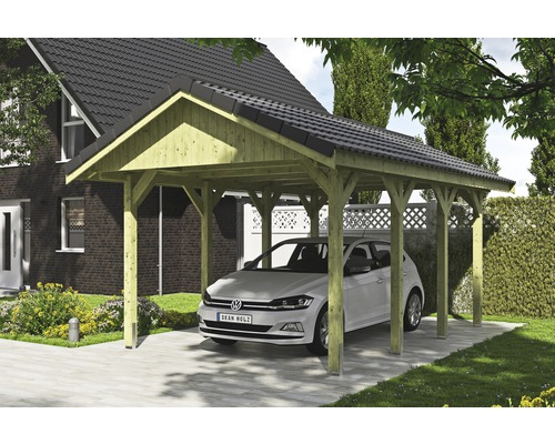 Carport simple SKAN HOLZ Wallgau avec lattis et ancrage pour poteaux en H 380 x 600 cm imprégné