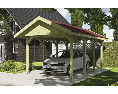 Carport simple SKAN HOLZ Wallgau avec lattes rouges et ancrage pour poteaux en H 380 x 600 cm imprégné