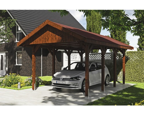 Carport simple SKAN HOLZ Wallgau avec lattes rouges et ancrage pour poteaux en H 380 x 600 cm noyer