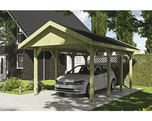 Carport simple SKAN HOLZ Wallgau avec lattes noires et ancrage pour poteaux en H 380 x 600 cm imprégné