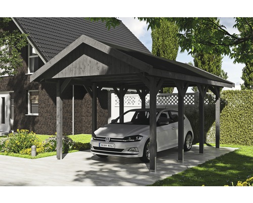 Carport simple SKAN HOLZ Wallgau avec lattes noires et ancrage pour poteaux en H 380 x 600 cm gris