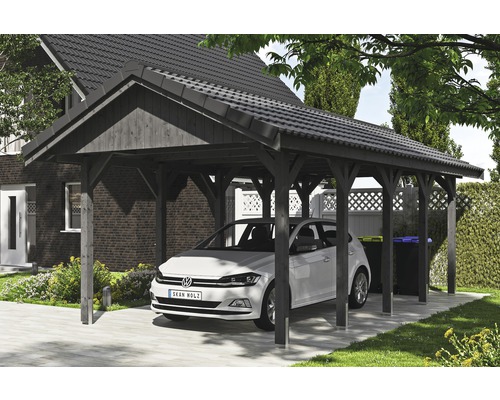 Carport simple SKAN HOLZ Wallgau avec lattis et ancrage pour poteaux en H 380 x 750 cm gris