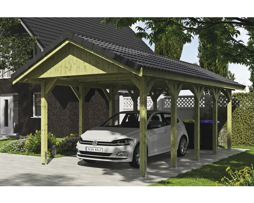 Carport simple SKAN HOLZ Wallgau avec lattis et ancrage pour poteaux en H 380 x 750 cm imprégné