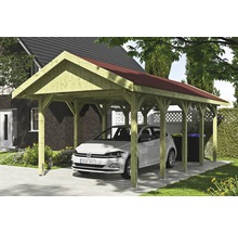 Carport simple SKAN HOLZ Wallgau avec lattes rouges et ancrage pour poteaux en H 380 x 750 cm imprégné