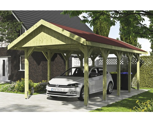 Carport simple SKAN HOLZ Wallgau avec lattes rouges et ancrage pour poteaux en H 380 x 750 cm imprégné