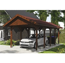 Carport simple SKAN HOLZ Wallgau avec lattes rouges et ancrage pour poteaux en H 380 x 750 cm noyer