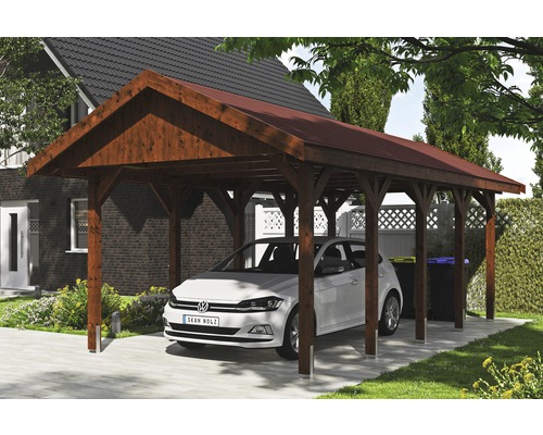 Einzelcarport SKAN HOLZ Wallgau inkl. rote Schindeln und H-Pfostenanker 380x750 cm nussbaum