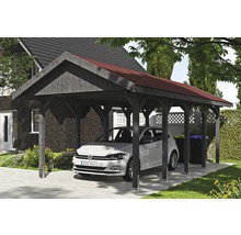 Carport simple SKAN HOLZ Wallgau avec lattes rouges et ancrage pour poteaux en H 380 x 750 cm gris