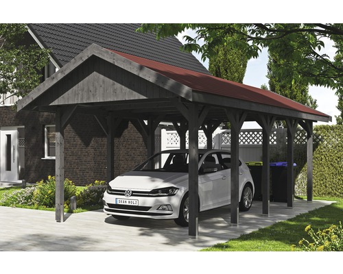 Carport simple SKAN HOLZ Wallgau avec lattes rouges et ancrage pour poteaux en H 380 x 750 cm gris